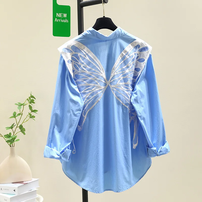 

SuperAen Lace Butterfly Blue Shirt Women's 2025 Spring New Korean Loose Long-sleeved Shirt Top