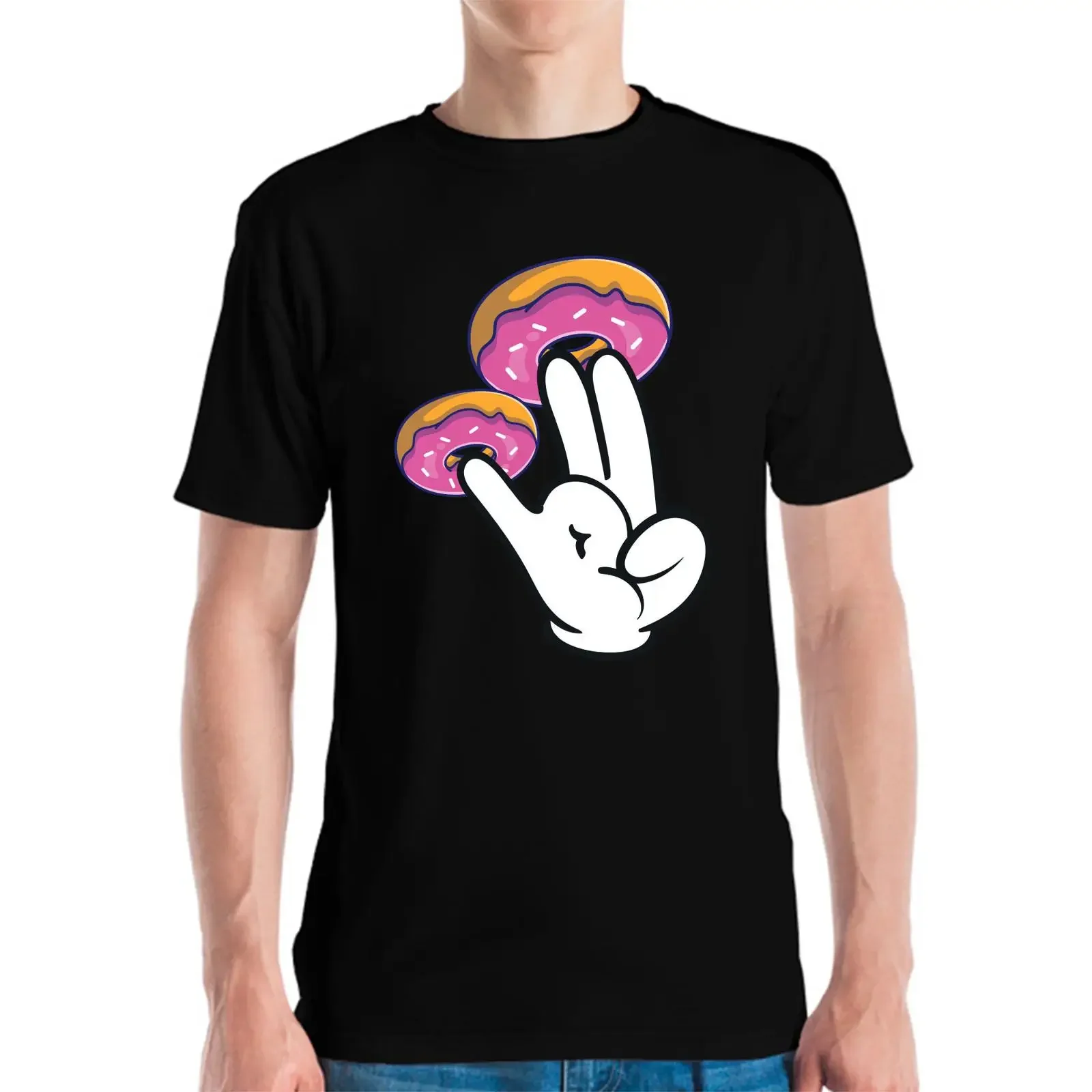 Funny Donuts With The Shocker Hand 2 and 1 Fingers Donut Lovers Humor T Shirt  vintage Washed designer clothes Versatile