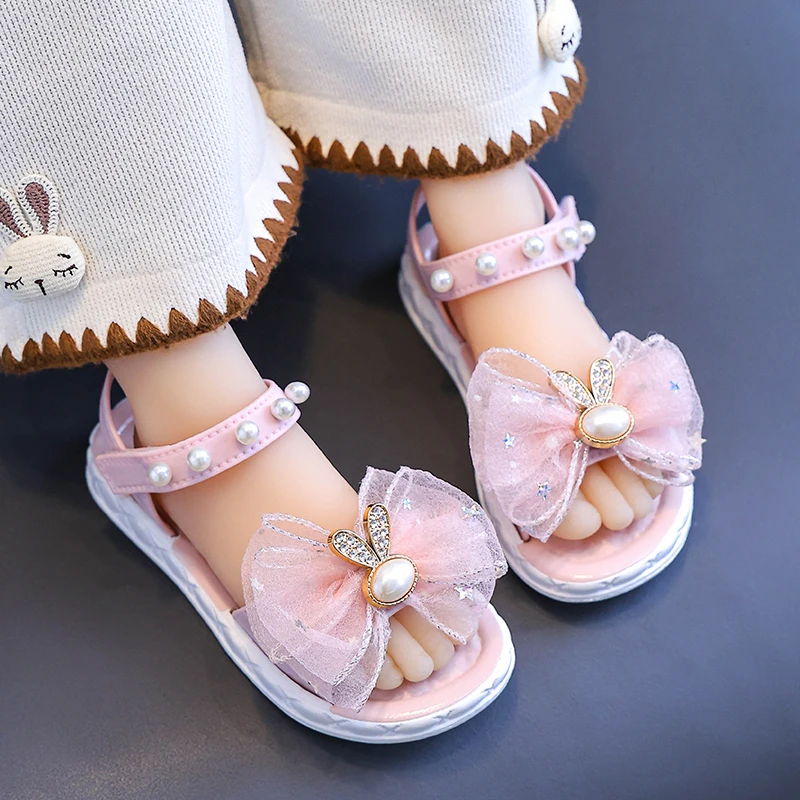 Summer Pretty Bow Beading Decoration Sandals For Aged 1-7 Girls Children Slippers Non-slip Seabeach Flip Flops Home Kids Shoes