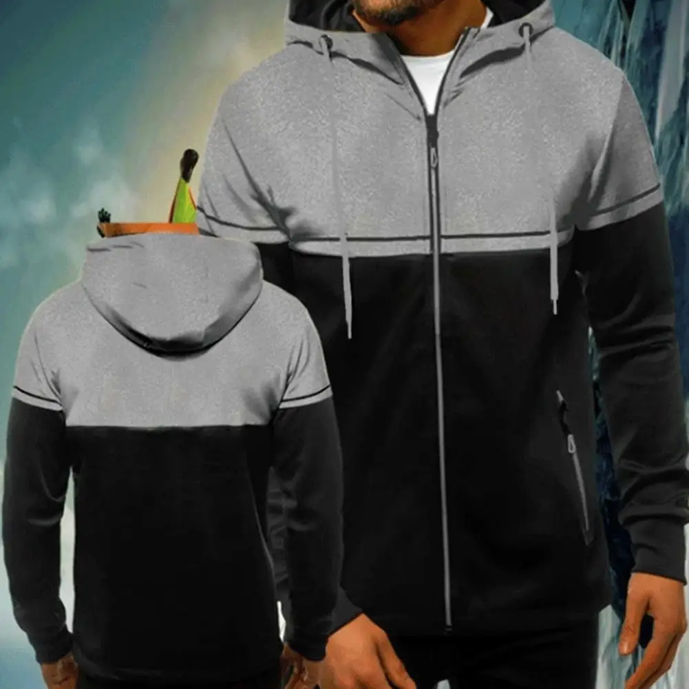 Hooded Jacket Zipper Closure Contrast Color Ribbed Hem Men Warm Casual Hooded Coat with Front Pockets for Daily Wear Sports