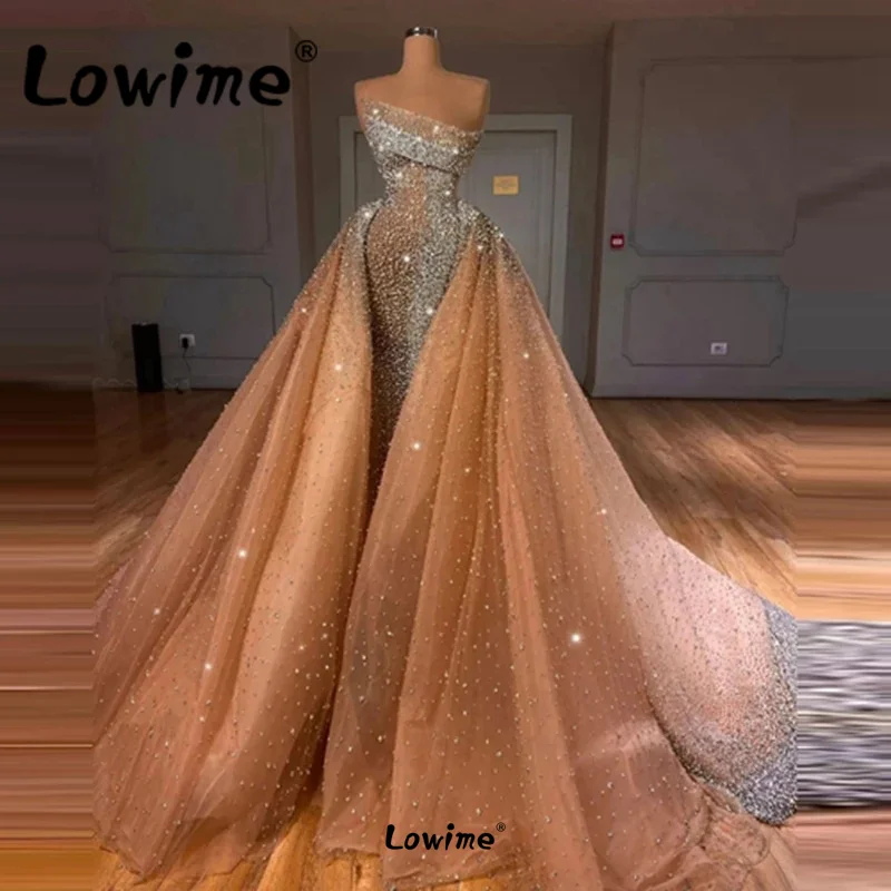 Sparking Heavy Rhinestone Crystal Champagne Evening Dresses Couture Strapless Beaded Long Formal Women Wedding Party Dress Robes