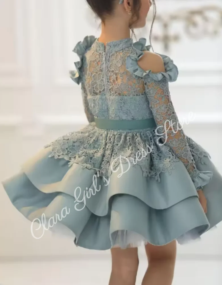 Vestido elegante de princesa con flores para niña, vestido de boda de encaje hasta la rodilla de satén para niña, vestido de primera comunión para fiesta de cumpleaños