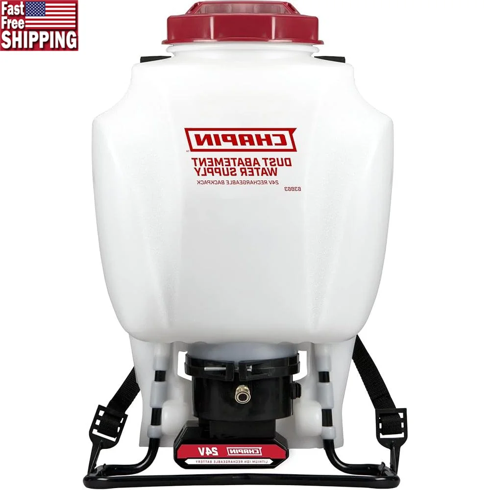 

Dust Abatement Water Supply Backpack Sprayer 24V Rechargeable Battery 4 Gallon Translucent Tank Quick Connect Filtration System