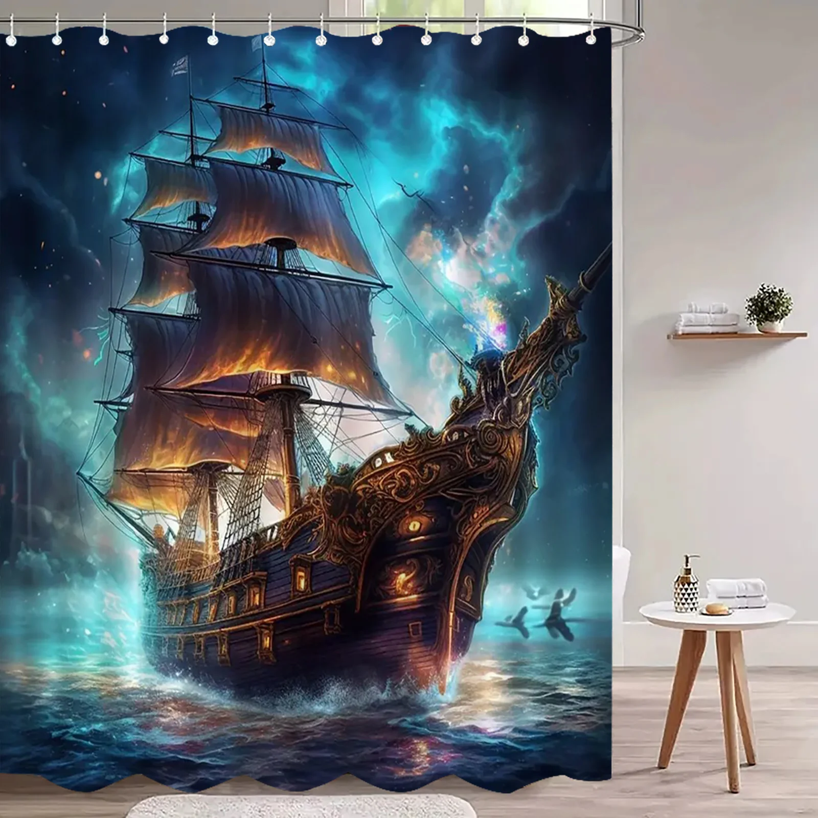 Fantasy  Ship Shower Curtain, Ghost Galleon Sailing in Stormy Sea, 3D Digital Print Bathroom Decor, Waterproof Polyester Fabric