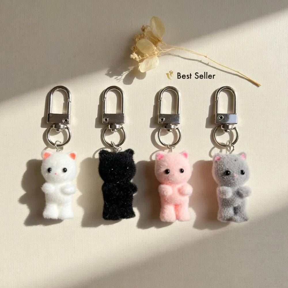 

3D Cartoon Flocking Cat Key Ring Kawaii Soft Plush Animal Pendant for Car Bag Keychain DIY Ornament Keyring for Women Men Gift