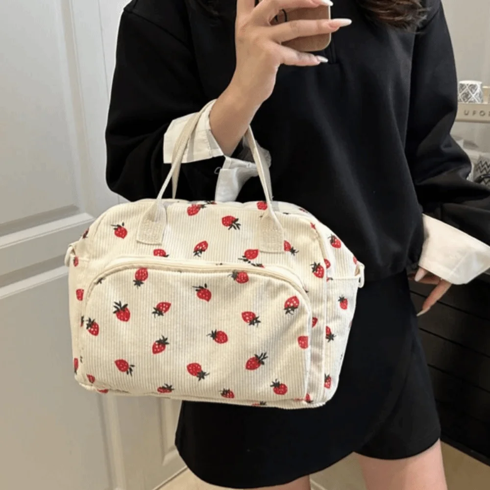 Large Capacity Corduroy Hand-Held Bag Wear-Resistant High Aesthetic Strawberry Crossbody Bag Waterproof Reusable