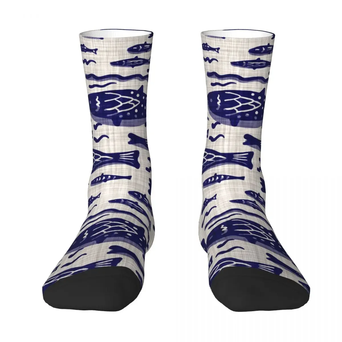 Kaus Kaki Gila Lucu untuk Pria Ikan Biru Di Atas Krim Linen Hip Hop Vintage Pola Mulus Dicetak Kaus Kaki Kru Anak Laki-laki Hadiah Kasual