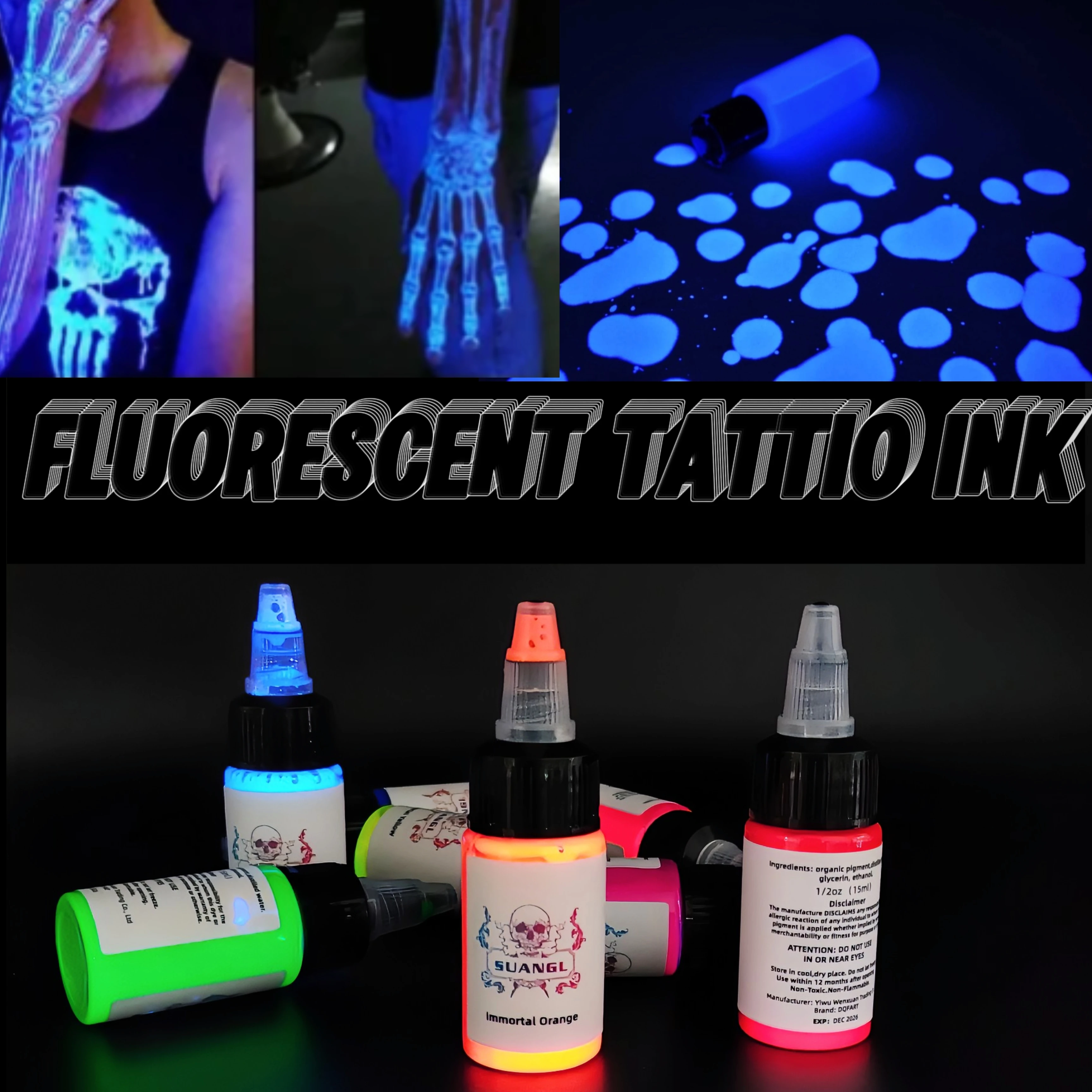 8pcs 15ml bottle professional fluorescent tattoo ink purple UV ink tattoo body painting pigment