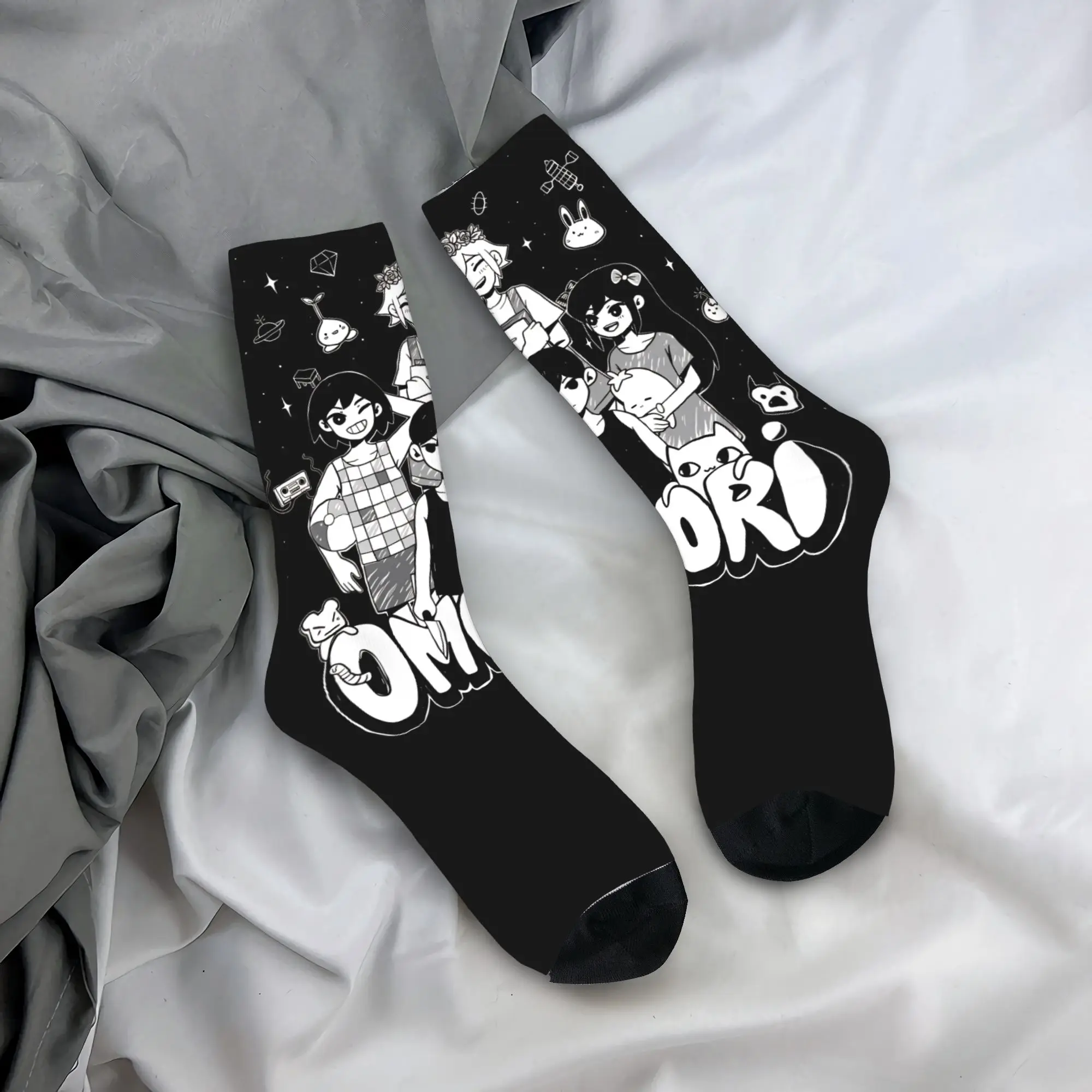 Omori Socks Game Characters Black Design Stockings Anti Bacterial Men's Socks Warm Soft Spring Vintage Skateboard Socks