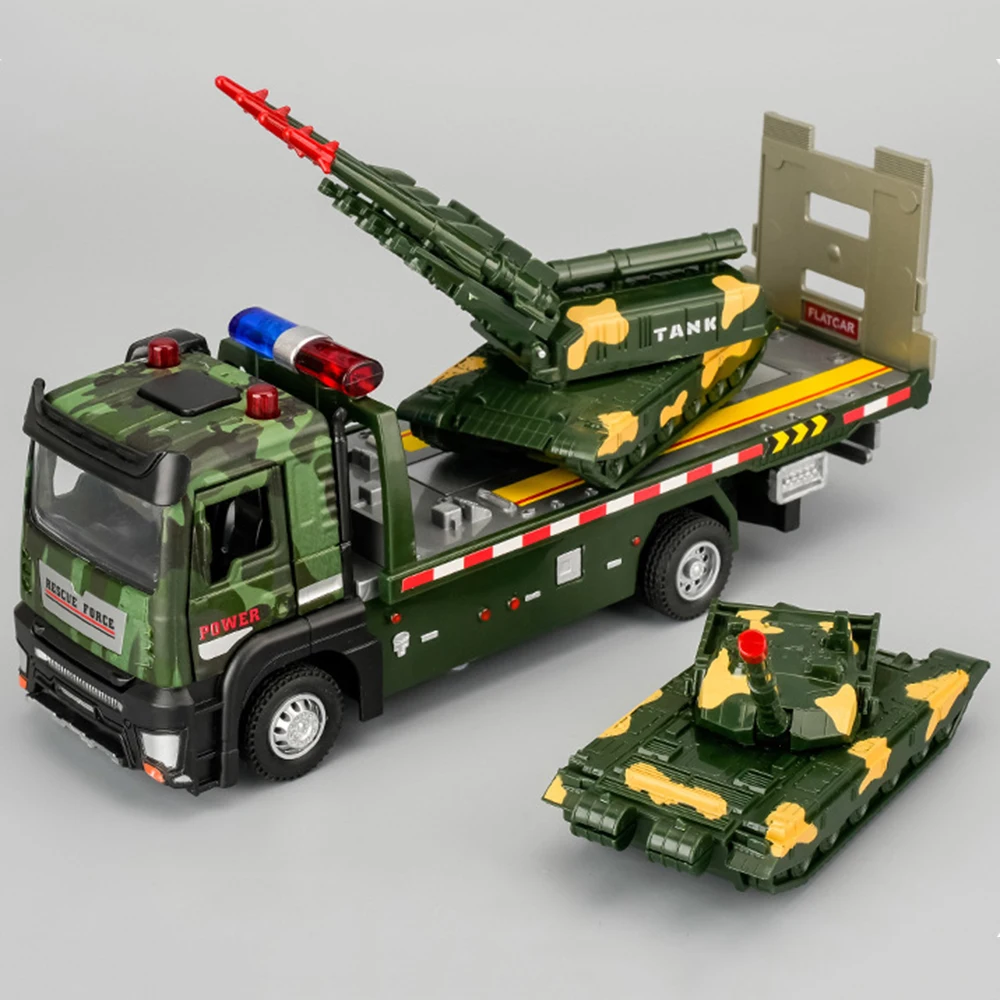 1:32 Scale Military Tank Transport Toy Cars Models Alloy Diecast Sound Light Doors Opened Pull Back Truck Vehicle Kids Xmas Toys