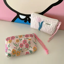 Cartera bonita Floral roja y verde para mujer, Mini bolso de mano, monedero, bolso de algodón, bonito bolso para tarjetas, bolsa para servilletas sanitarias, bolsa para auriculares