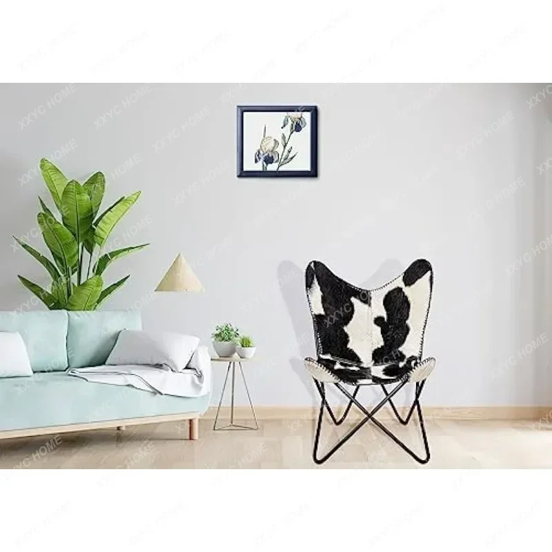 Home Decor Genuine Goat Leather Butterfly Arm Chair with Black/Brown White Hair on Cover (Black and White with Black Frame)