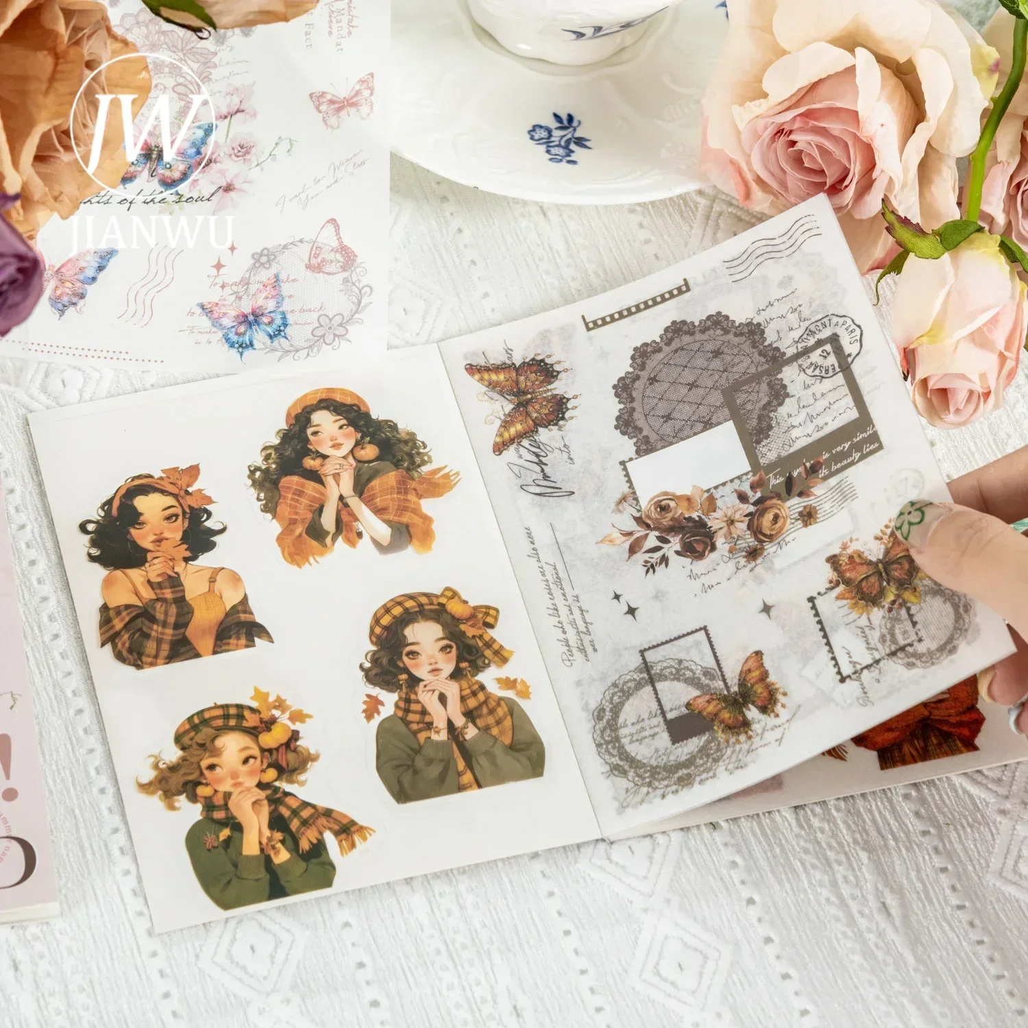 JIANWU The Butterfly in Her Hand Series Vintage Character Lace Material Collage Sticker Book Creative Journal Stationery