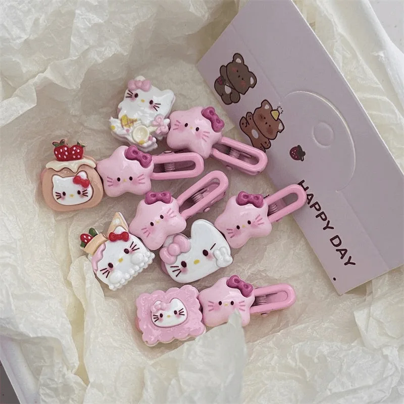 

Cute Hello Kitty Hair Clip with Bangs and Star Shaped Hair Accessories on The Side. Girl Cartoon Pink Duckbill Hair Clip