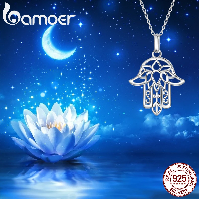 Bamoer 925 Sterling Silver Guardian Fatima's Hand Pendant Necklace Flower Pattern Neck Chian for Women Platinum Plated SCN490 image 2