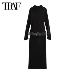 TRAF Women's Dresses 2024 Pleated Black Long Dresses Autumn Elegant Belt Slim Fit Dresses Ladies Fashion Long Sleeve Dresses