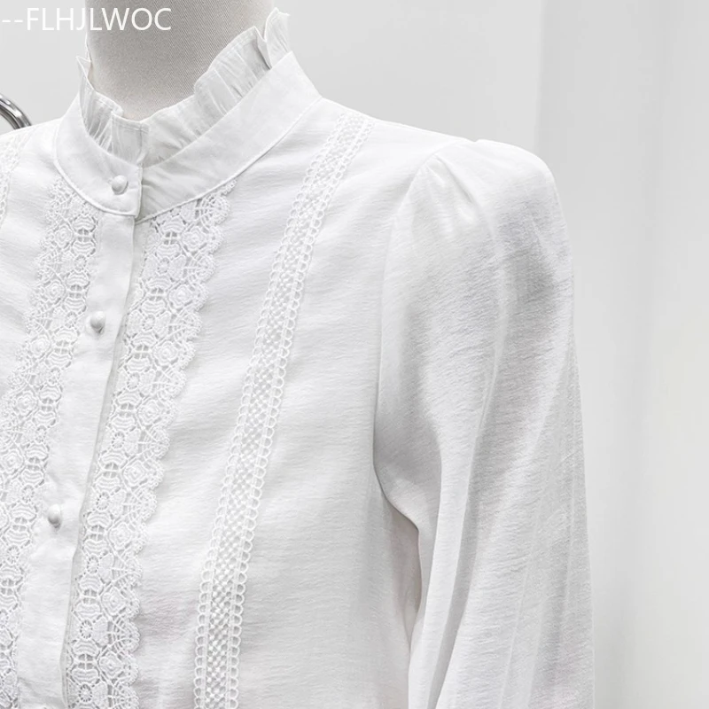 Floral évider Crochet dentelle hauts Blusas 2025 mignon doux filles Chic corée vêtements col montant rétro Vintage femmes chemise blanche