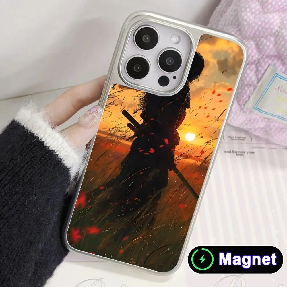 

Bushido Sakura Samurai Phone Case for iPhone 17 16 15 14 13 12 11 Air Pro Max Plus Electroplated Silver Magsafe Cover