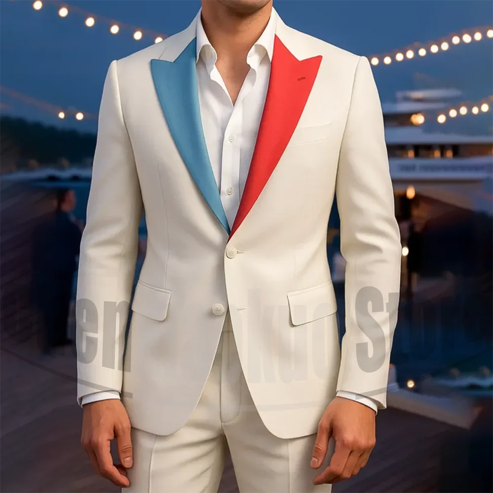 

Мужской костюм с синими и красными контрастными лацканами, официальный наряд для свадебной вечеринки, индивидуальный дизайн, модный мужской костюм из двух предметов