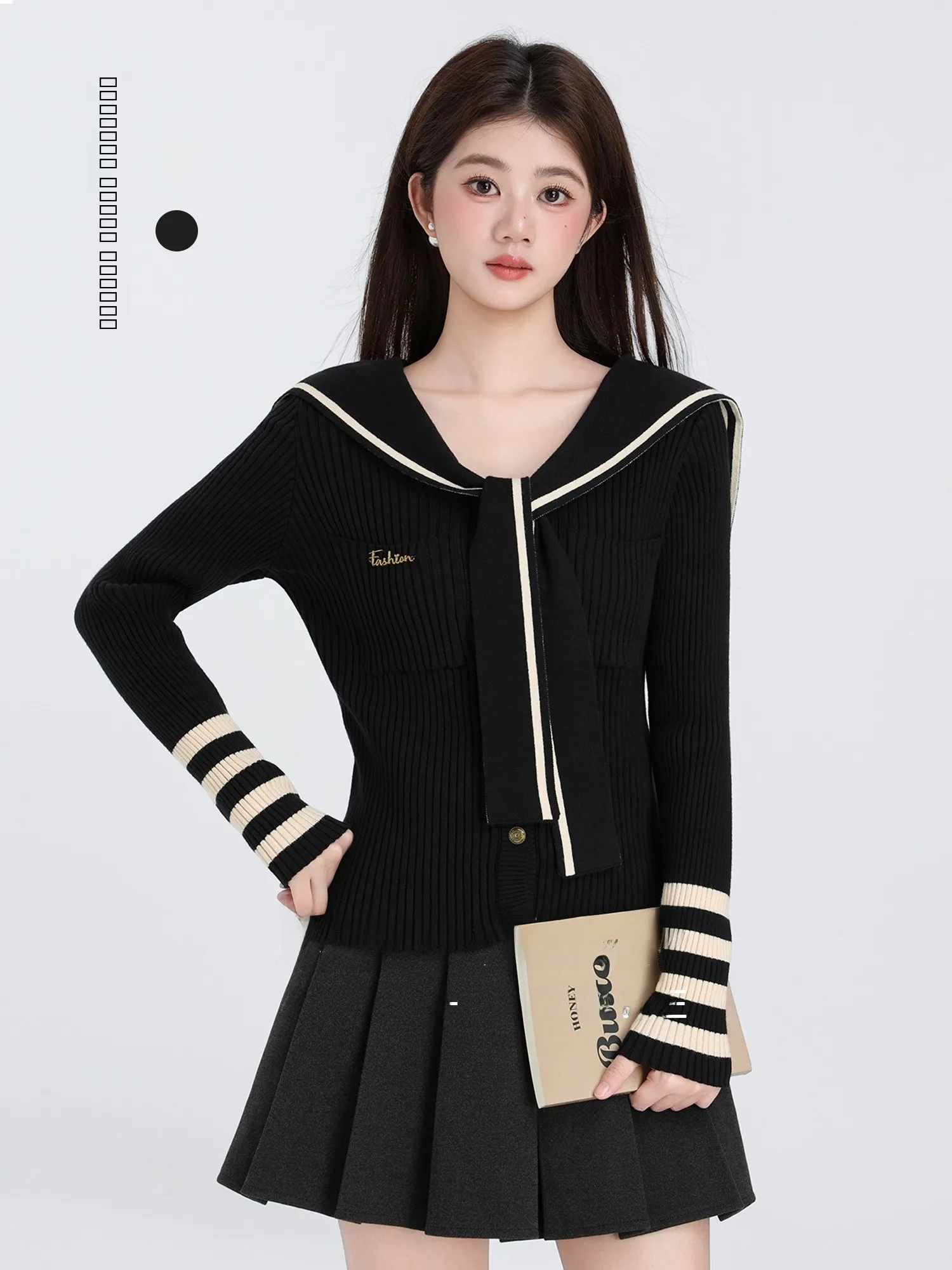 

Новый осенний женский вязаный кардиган с воротником-стойкой, в полоску, в студенческом стиле, приталенный, с длинными рукавами