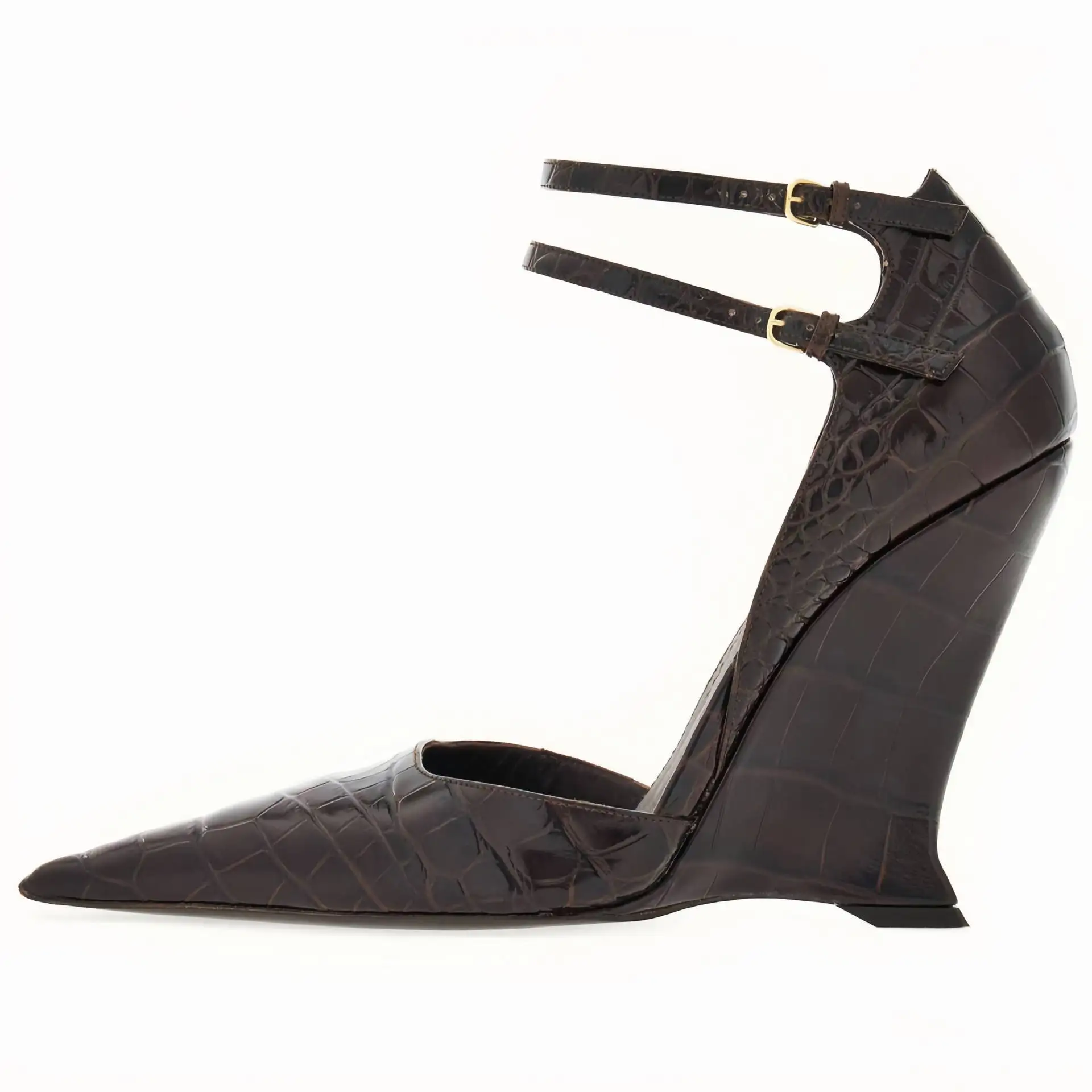 

New Pointed Toe Super High Wedge Heel Women's Shoes Stage Catwalk One-Strap Patent Leather Hollow Ladies Large Size Sandals