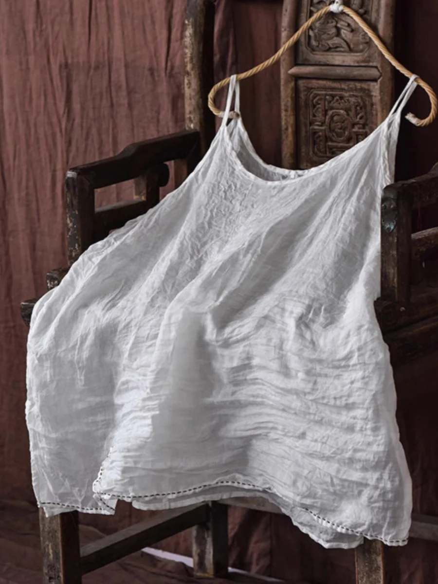 

Large Size Women's Embroidered Cotton Linen Tank Top Loose Fitting Summer Spring Faion Outerwear Inner Match Base irt