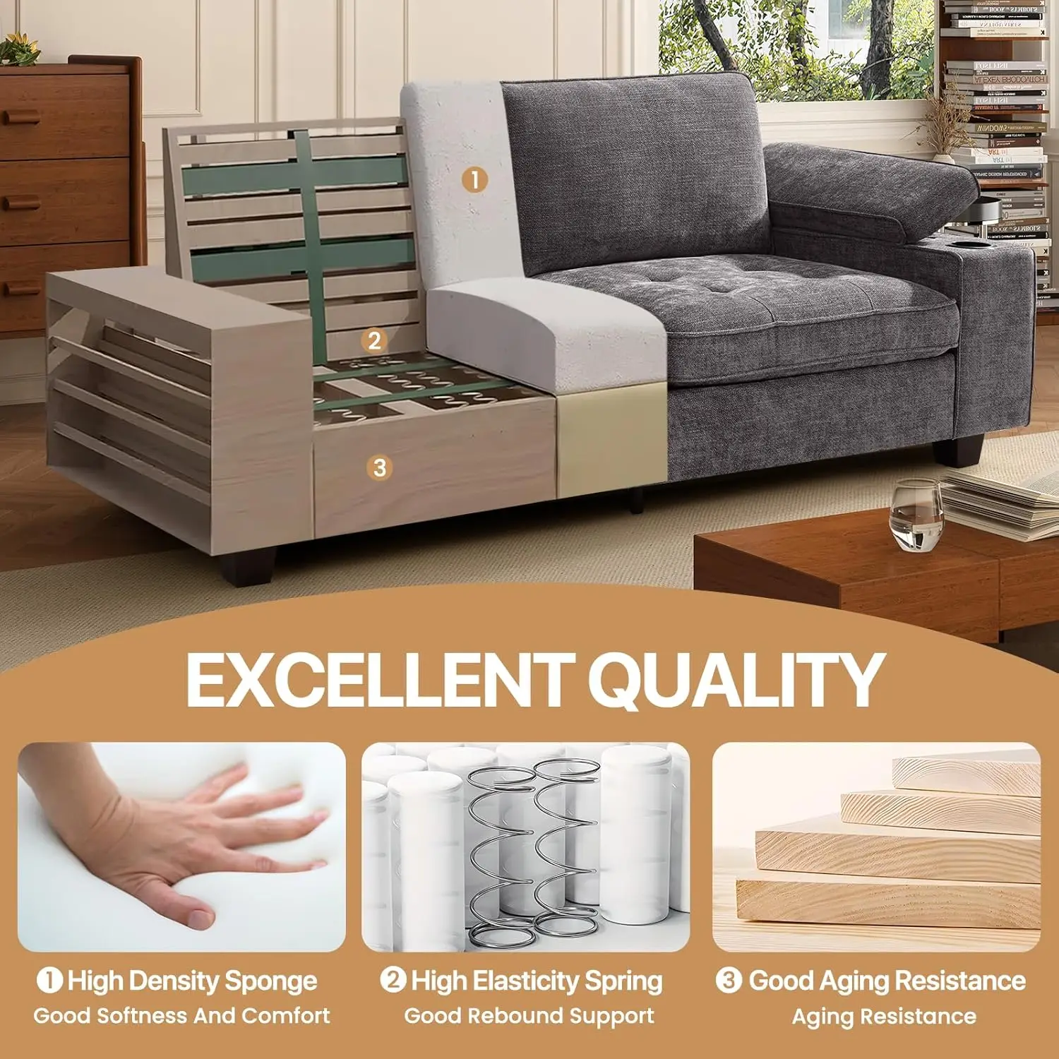 أريكة حديثة بمقعدين من الشنيل مع مسند ذراع تخزين قابل للتعديل وحاملات أكواب ومنافذ USB/Type-C لغرفة المعيشة #5