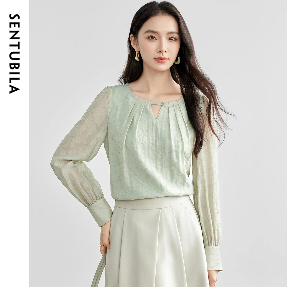SENTUBILA Women Chinese Style Blouses Lyocell 2025 Elegant Hollow-Out Folds Commute Round Neck Long Sleeve Shirts 151V57941