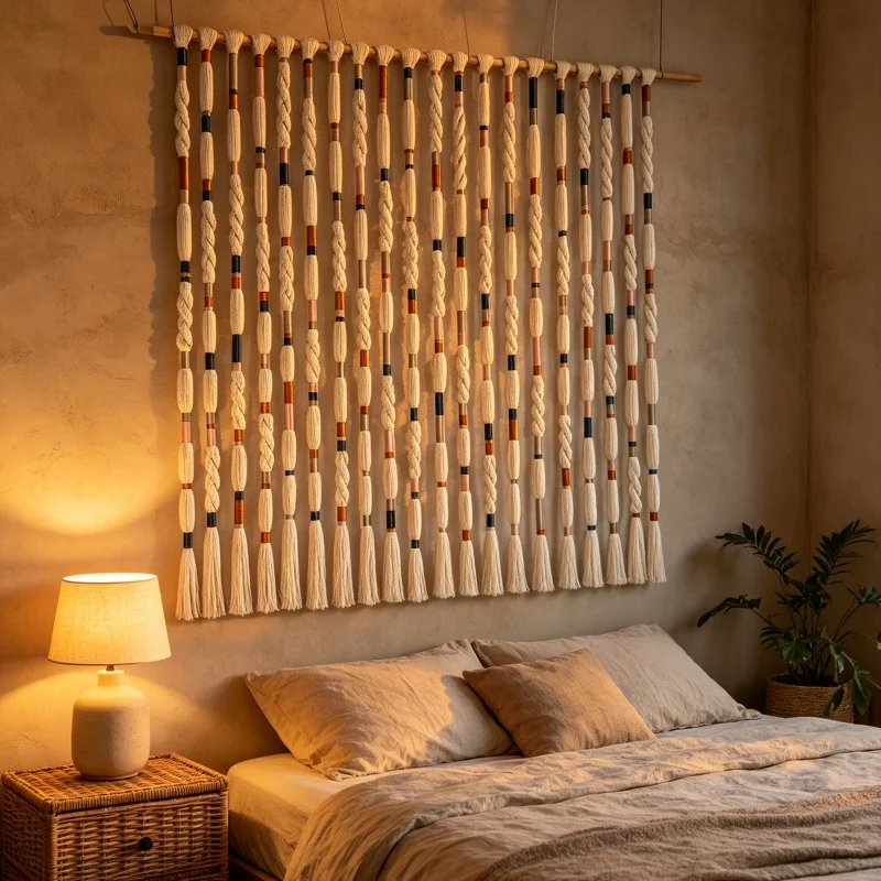 Handwoven Macrame Wall Hanging Curtain Knotted Rope Tassel Tapestry Wooden Stick Boho Home Partition Wall Ornament