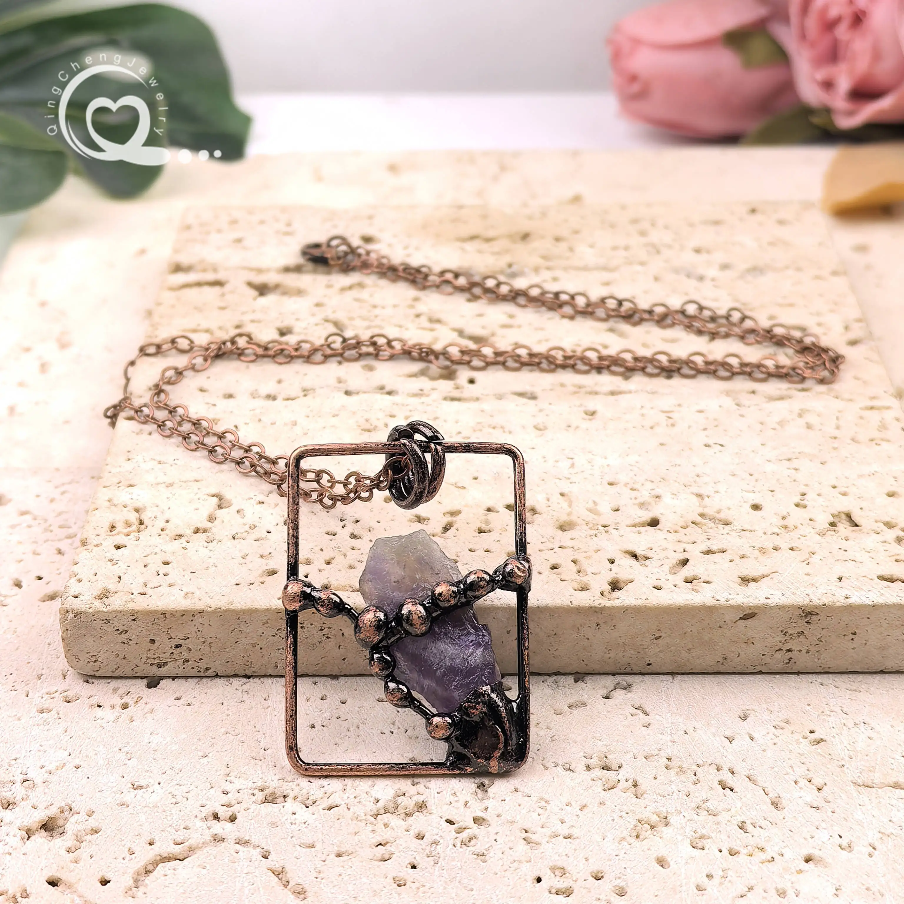 ملحوم البرونزية الخام كريستال نقطة قلادة العتيقة النحاس الخام سيترين جمشت الكتلة قلادة جالبة للحظ خمر مجوهرات QC3443 #6