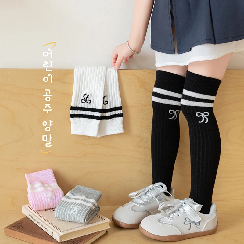 Sweet Girls Spring Summer Long Stockings Lovely Korean College Striped Bow Ornament Breathable Soft High Stretch Over Knee Socks