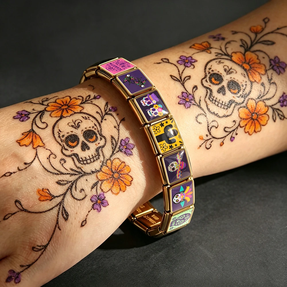 Mexikanisches Dia De Los Muertos Zuckerschädel-Armband aus italienischem Edelstahl, 9mm Glieder, Anhänger für Halloween, Tag der Toten, Schmuckherstellung – Detail 6