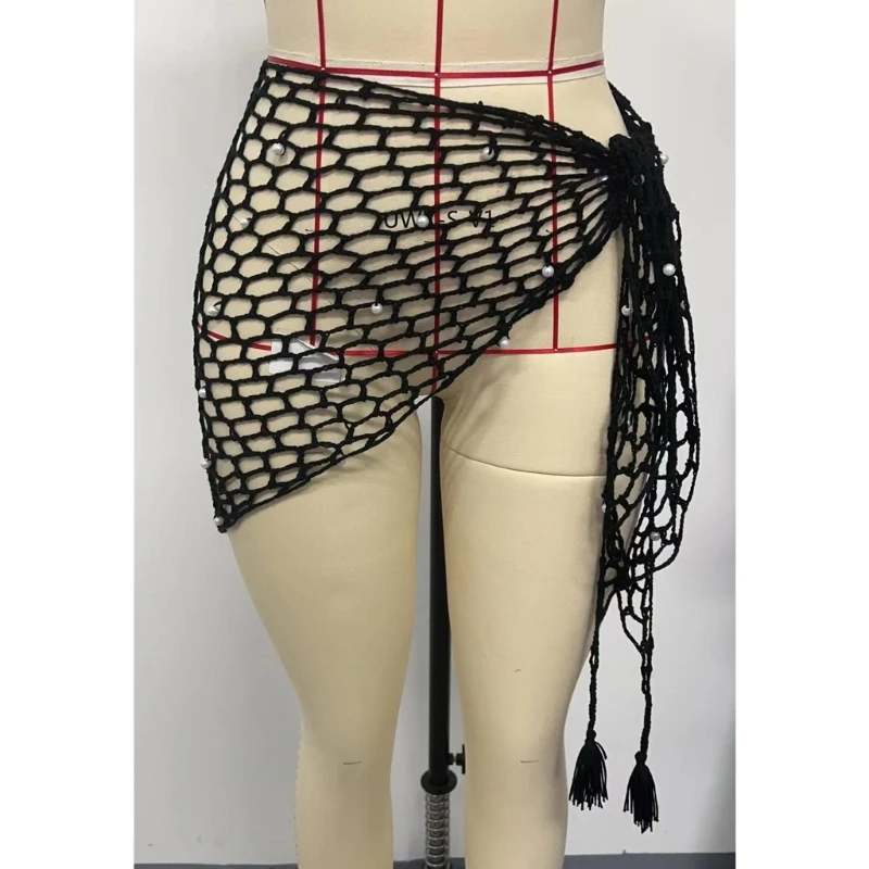 E8BF女性ビーチスカートハーフビーチカバーアップホローアウト水着ラップスカートビーチサロンフィッシュネットスカート