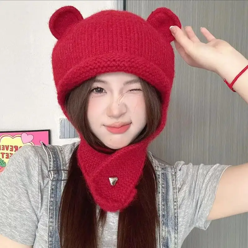 1 piece of women’s breathable acrylic drawstring hat – a cute cartoon-style beanie, perfect for keeping warm in autumn and winte