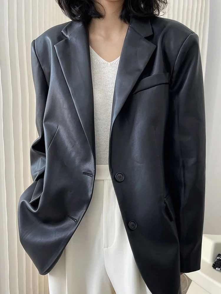 High Street Vintage Kunstleder Jacke Frauen lässig lose Moto Biker Mantel weibliche einreihige Blazer koreanische Mode Outwear