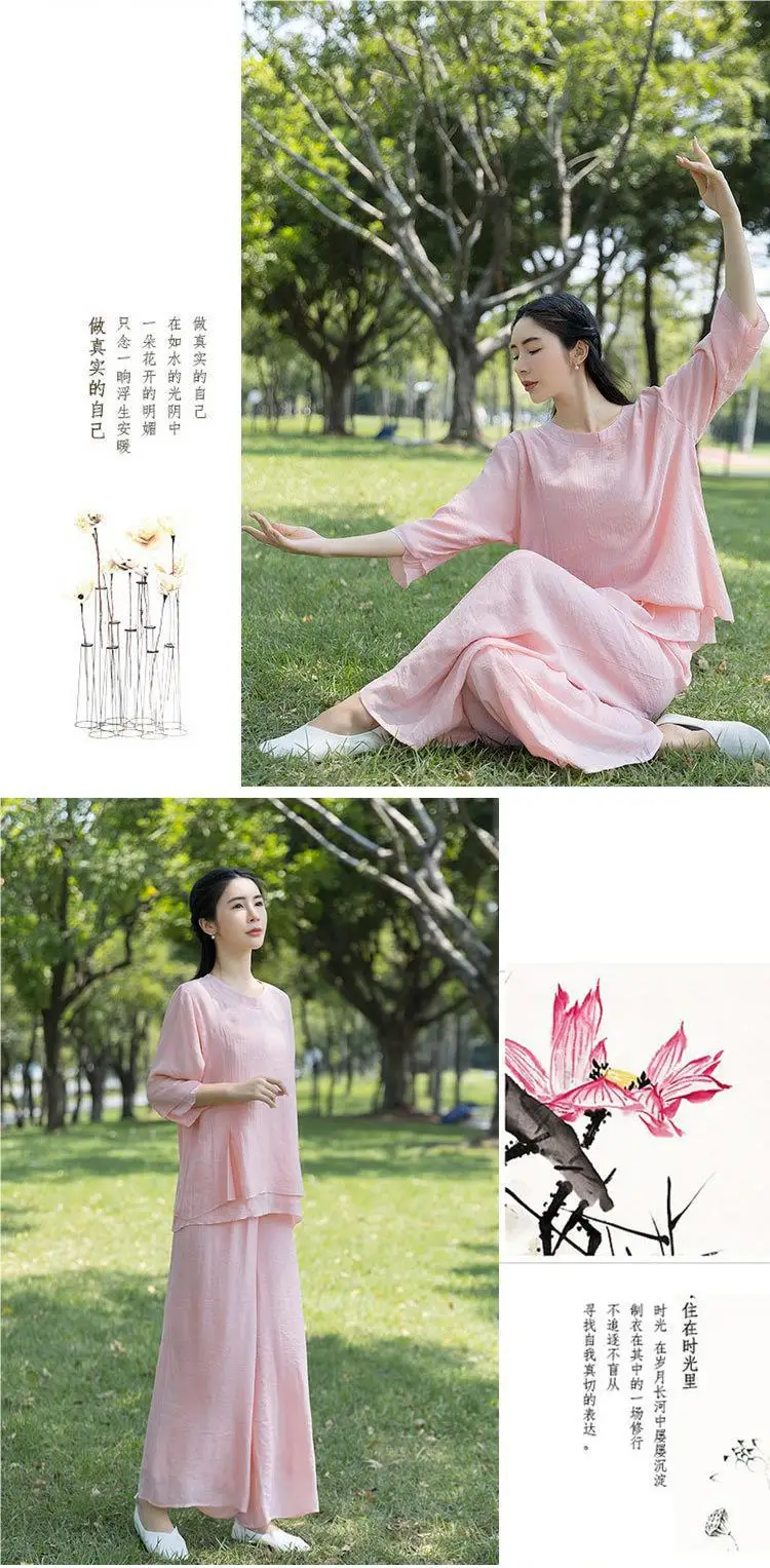Chinesisches Baumwoll-Leinen-Zen-Teeset für Damen, lockerer Yoga-Meditations-Tai-Chi-Anzug mit Rundhalsausschnitt, Retro-traditionelle chinesische Kleidung – Detail 8