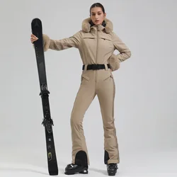 Winter Fur Hooded Women One Piece Snow Suits Outdoor Mountain Sport Woman Ski Jumpsuits Waterproof Slim Female Snowboard Overall