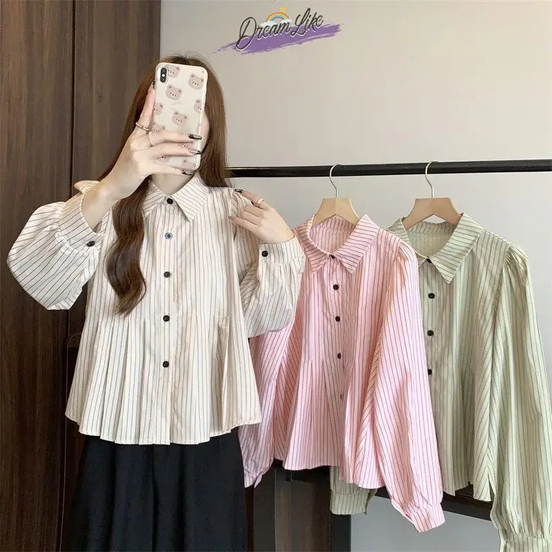 

Loose Long Sve Striped irt 2024 New Sle Autumn College Casual Vintage Top Men's Faion Collar Zipper Closure