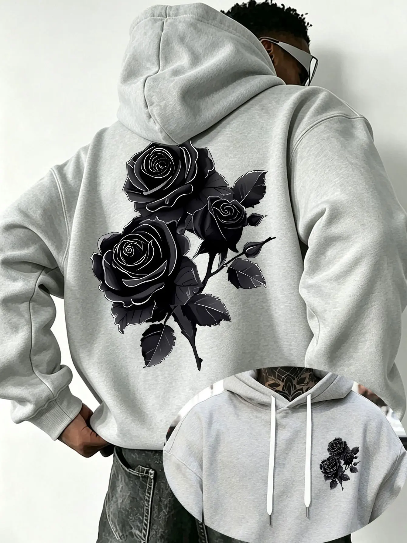 Winter and autumn men's black rose-pattern hooded sweatshirt with gothic style street trend tattoo print pullover shirt