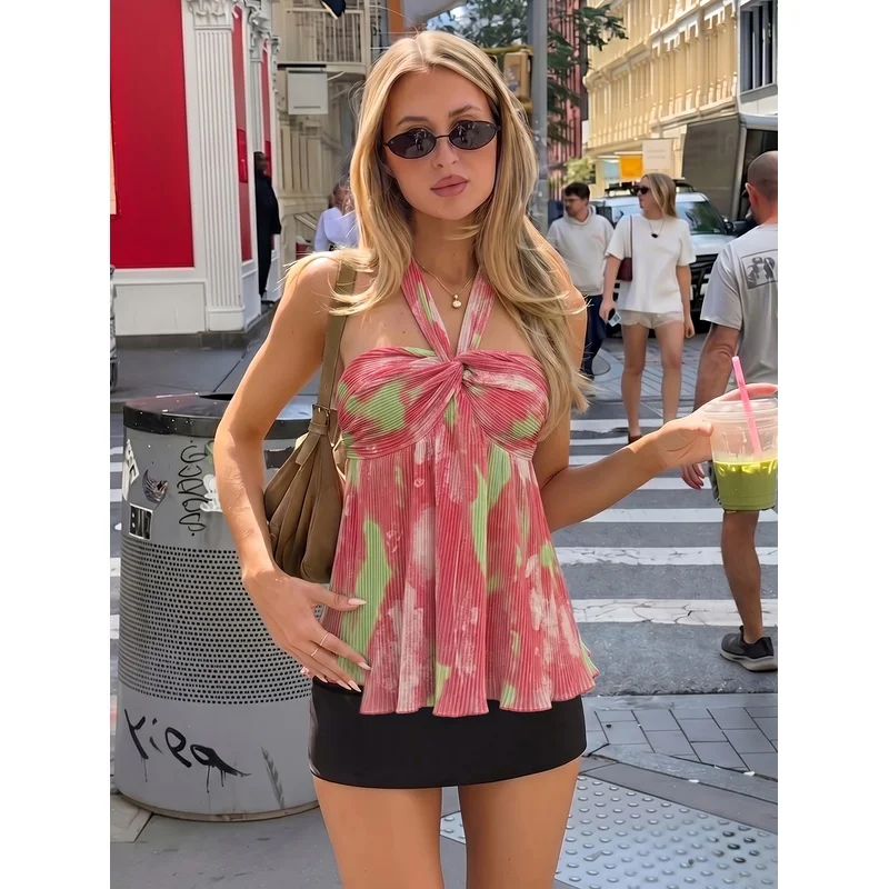 Women'S Y2K Vacation Cami Dress - Multicolor Tie-Dye, Twisted Front Pleated Skirt, Women'S Summer Wear
