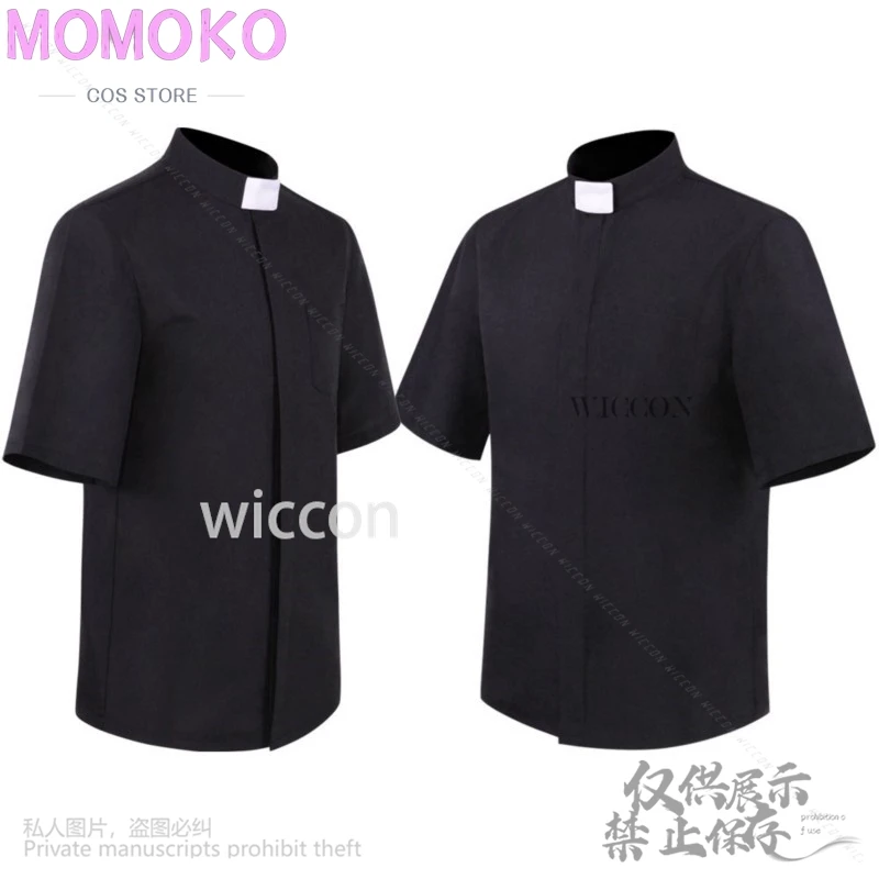 Anime Halloween Black Priest Shirt Men Cosplay Catholic Church Missionary Short Sleeve Top Role Play Roman Polo Shirt Customized