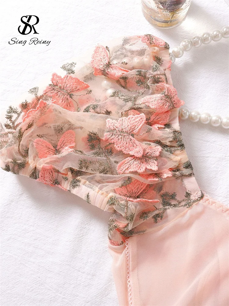 SINGREINY Mesh Sheer Sexy Underwear Suits Lace-Up Puff Sleeves Short Top+Mini Briefs Floral Embroidery Sensual Two Piece Set