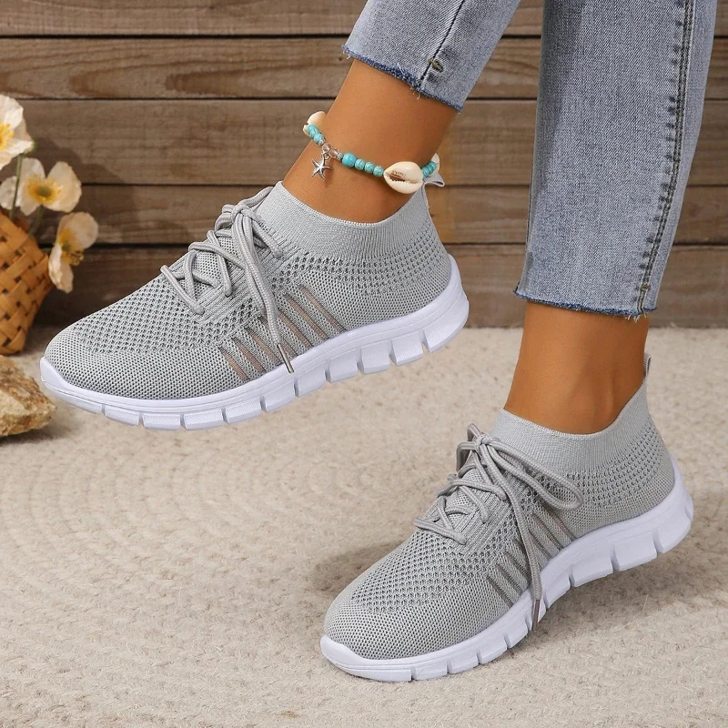 New Women Casual Flats Ladies Sport Shoes Woman Slip On Lace-Up Shoes All Color Chunky Sole Fashion Fly Knitting Mesh Shoes