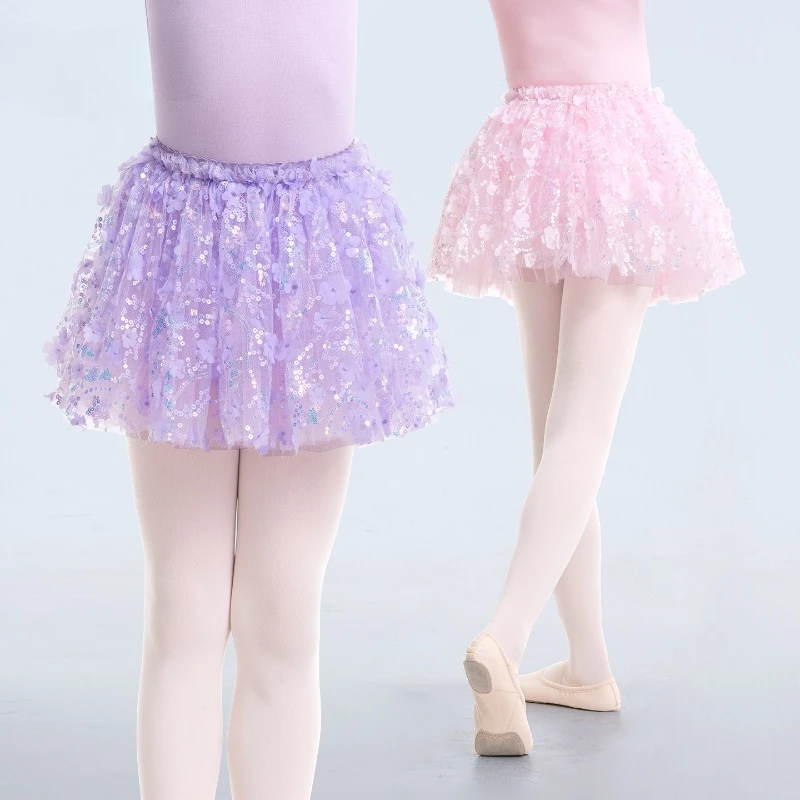 

Girls Ballet Skirt Kids Dance Tutu Skirt 3D Flower Sequin Mesh Performance Skirt for Girls Children Dance Recital Costume