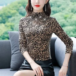 New Autumn and Winter Women's Clothing Half High Collar Long Sleeve Slim Rhinestone Leopard Hollow Out Pullovers Trendy Tops