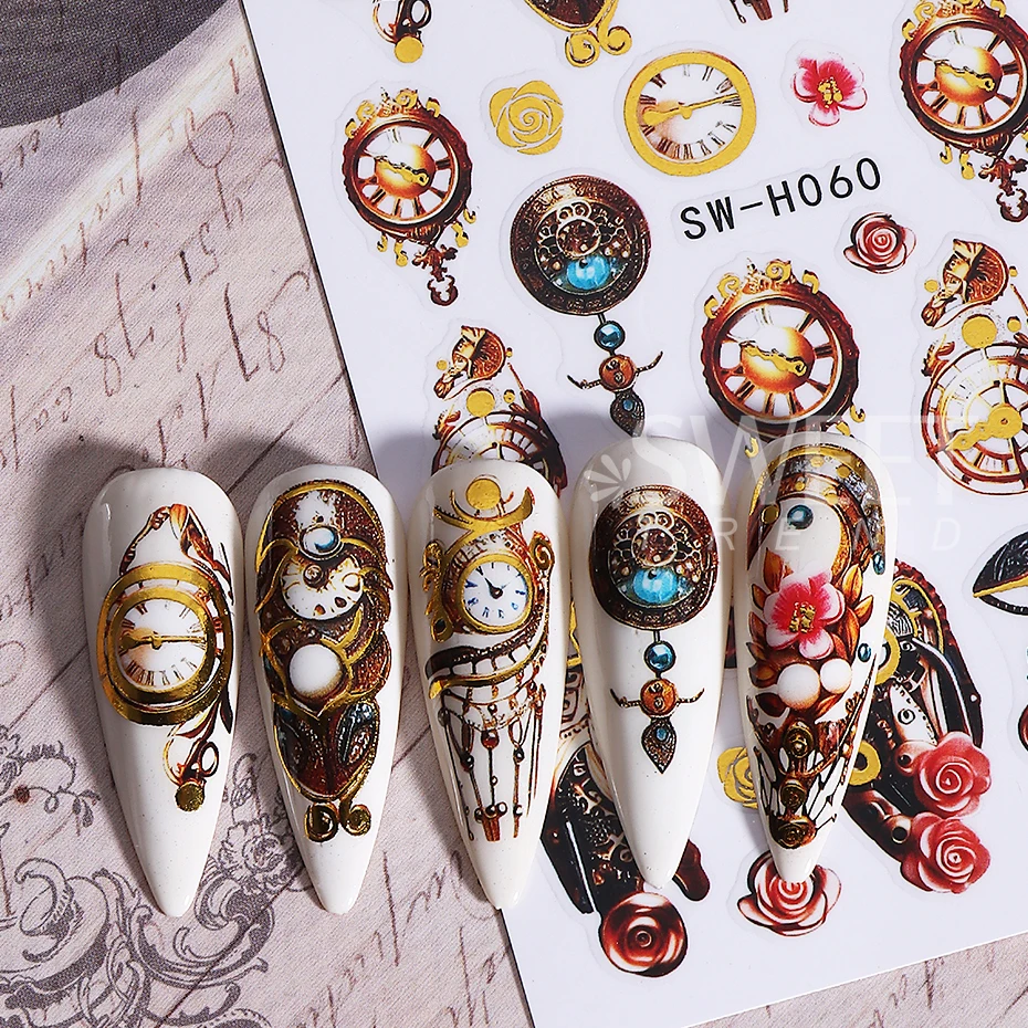 2 szt. Naklejki na paznokcie na Nowy Rok, samoprzylepne, retro zegar, róża, kwiat, koła zębate, ozdoby do manicure, naklejki na paznokcie, akcesoria do paznokci