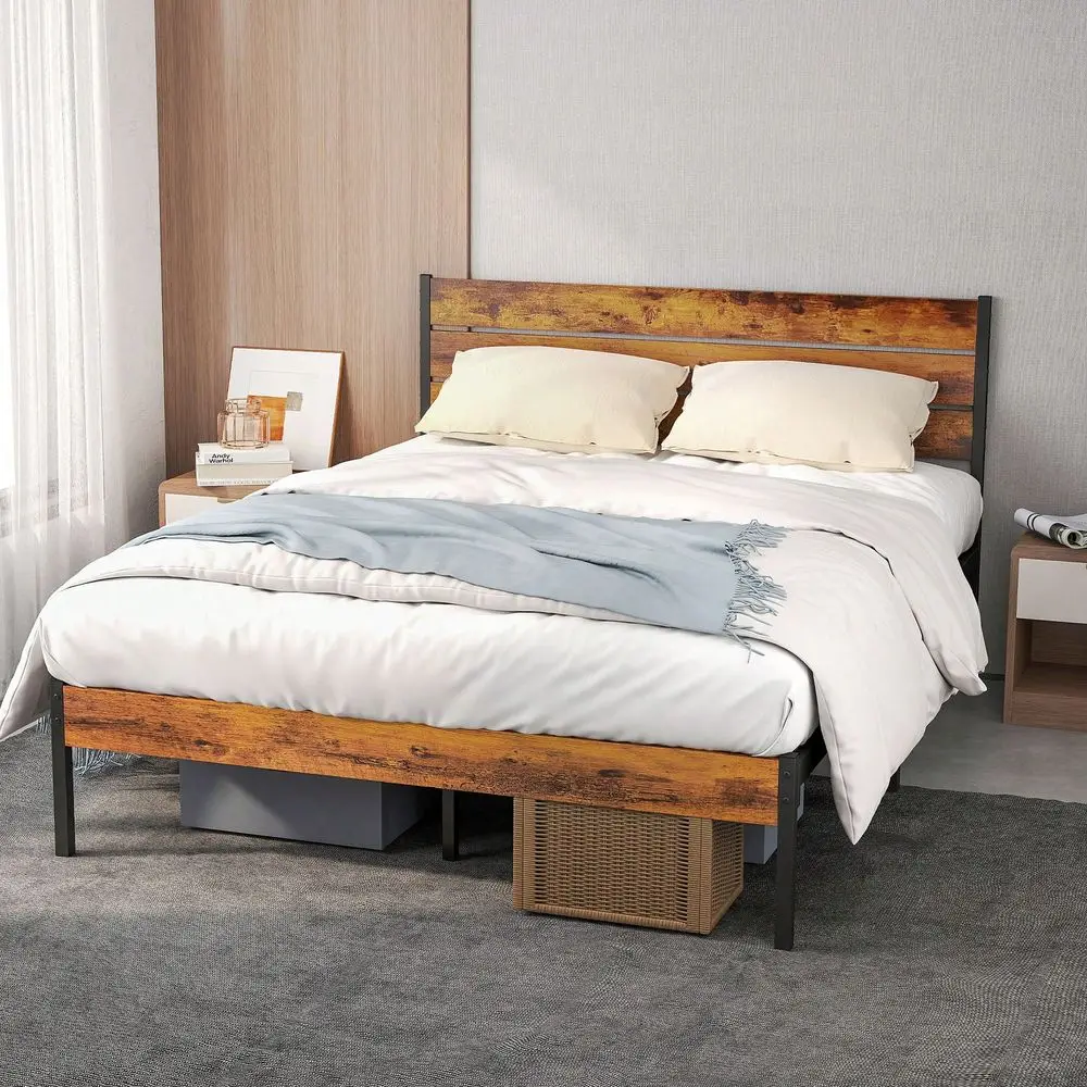 Base de Cama de Metal con Cabecero y Piecero, No Requiere Box Spring, Soporta 700 Libras, Estructura de Madera Resistente