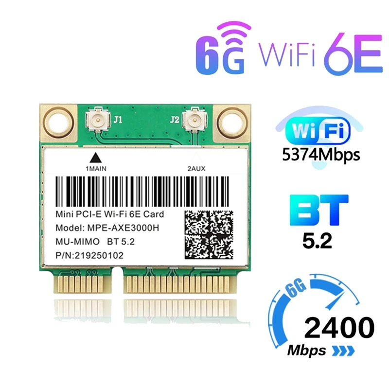 การ์ด WIFI + เสาอากาศ WiFi 6E 2400Mbps MINI pcy-e สำหรับ BT 5.2 802.11AX 2.4G/5g/6GHz การ์ดเครือข่าย WLAN