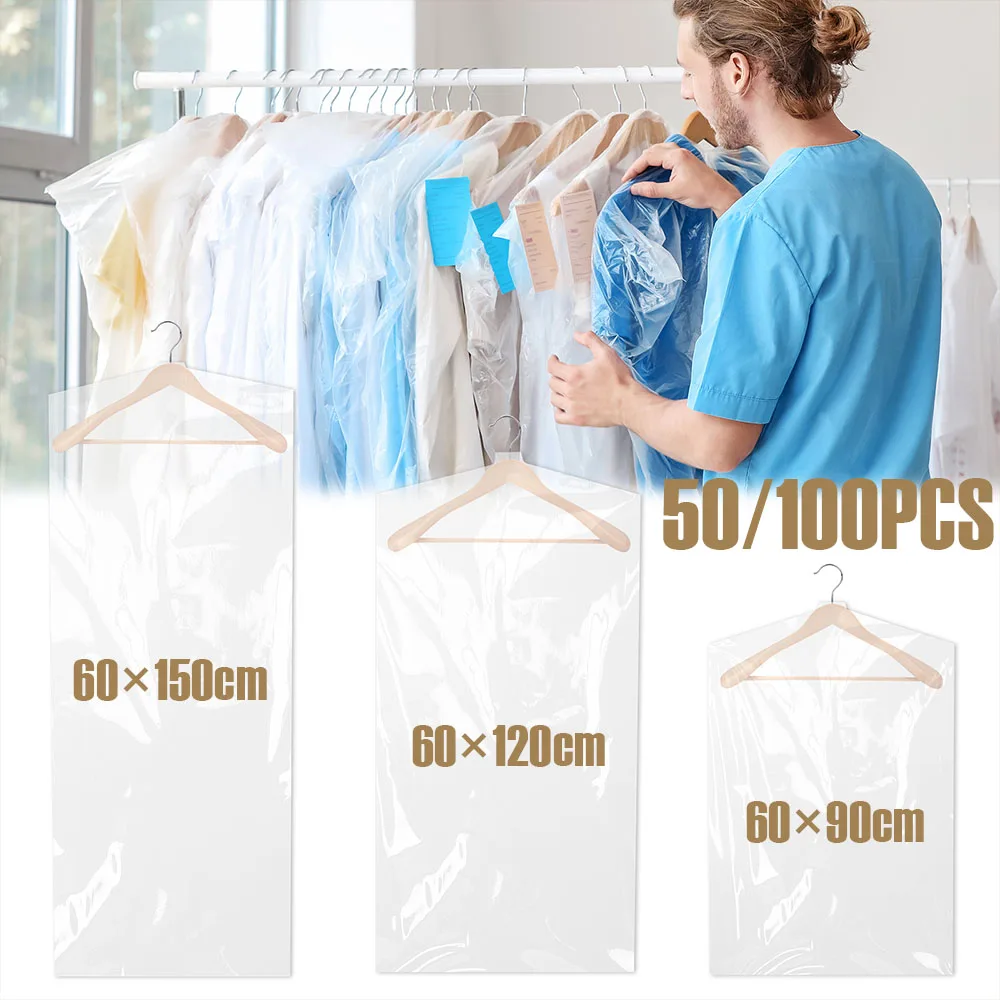 50/100Pcs Dust-proof Plastic Clothes Covers Clear Garments Bag 3 Sizes Reusable Dry Cleaning Bag for Protect Clothes Dress Suits