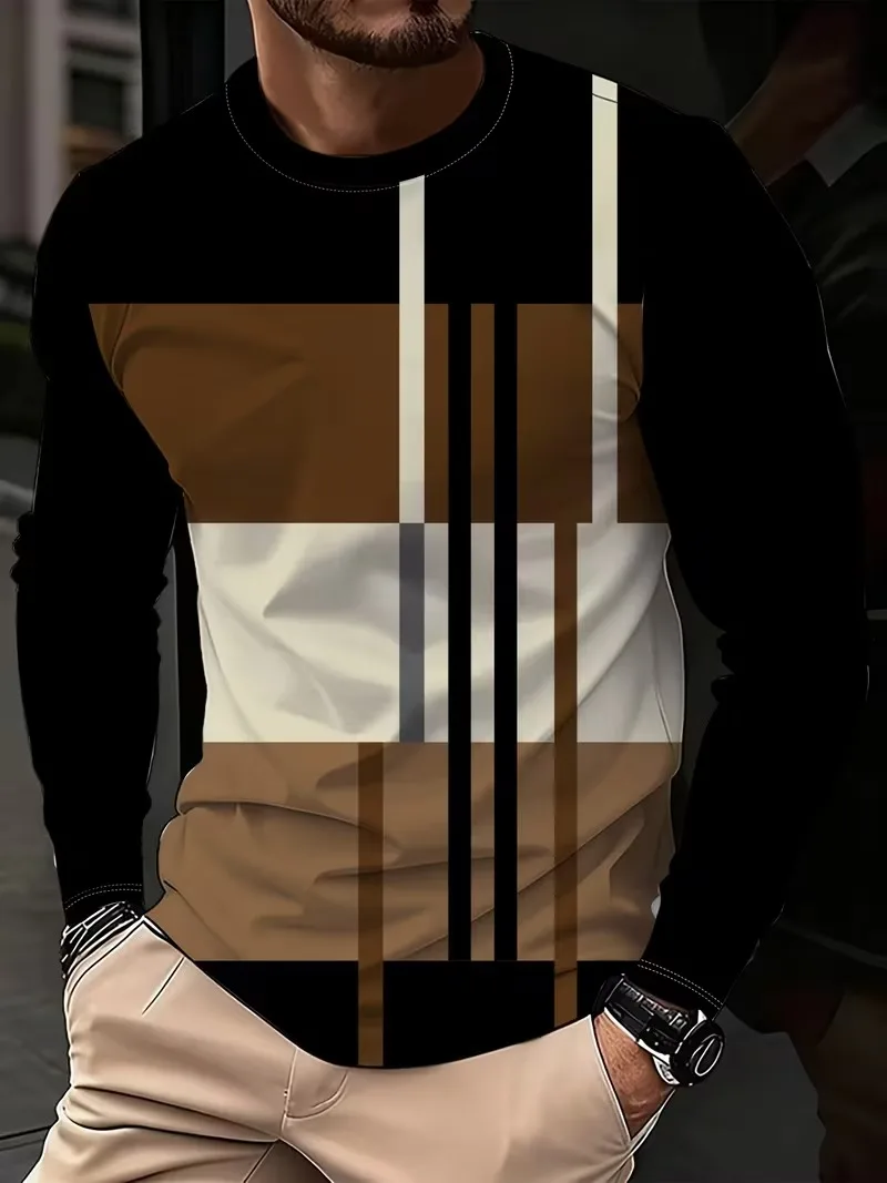 Geometric Stripe Color Collision 3D Printed long Sleeves Men's T-shirt Summer Outdoor Casual Streetwear Breathable Men Clothing